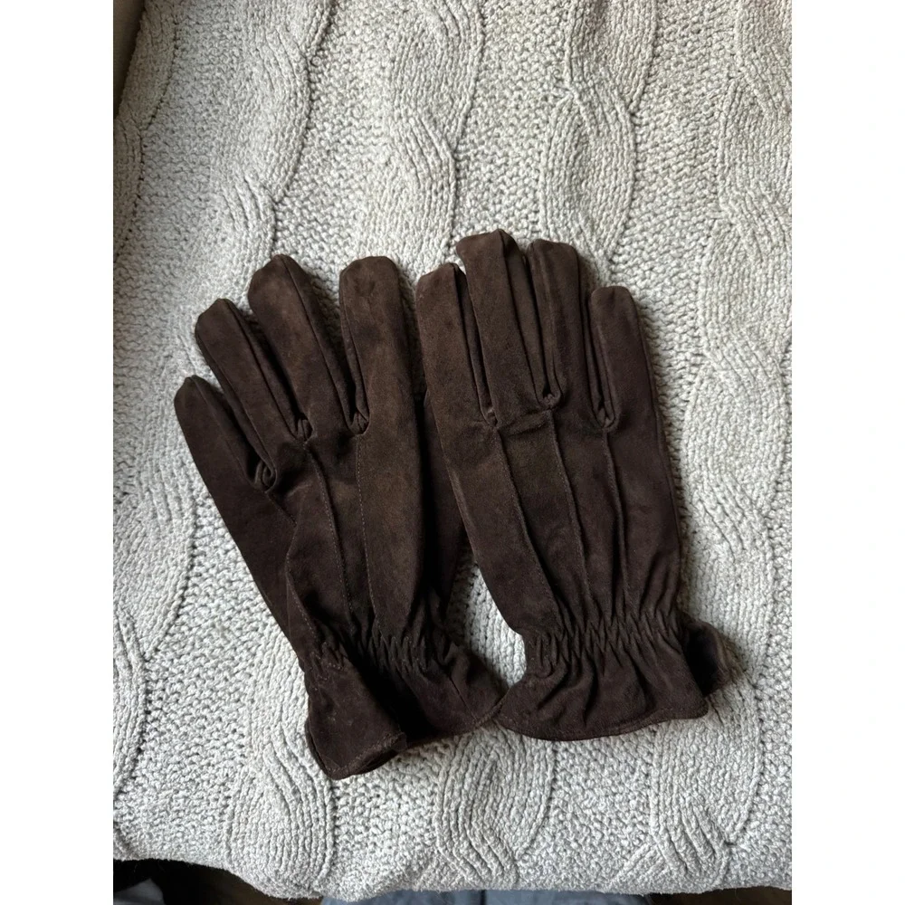 Womens Brown Suede Gloves Elastic Wrist Stitched Detail Fleece Lined Chocolate